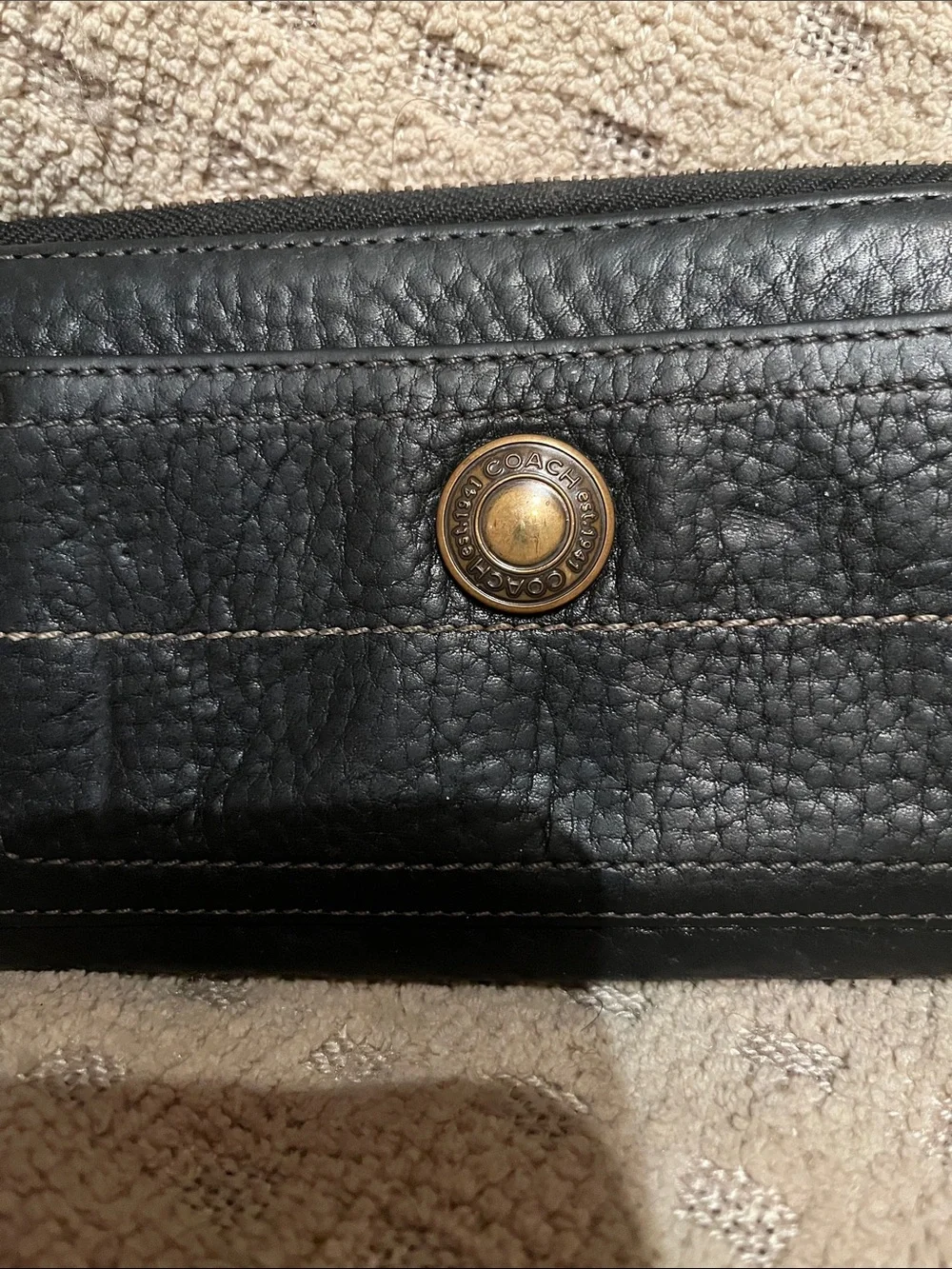 VintageCoach Chelsea Black Pebbled Leather wallet Holder with Brass Button